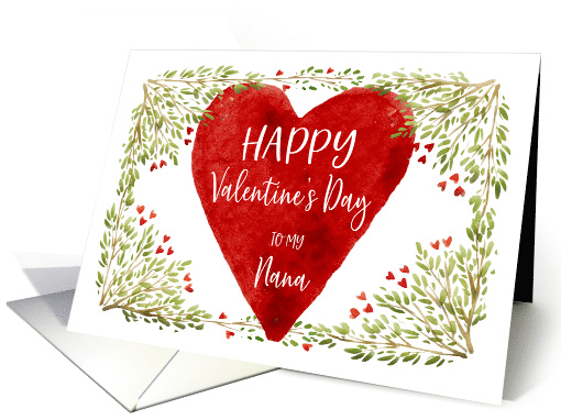 Watercolor Greens and Red Hearts Happy Valentine's Day for Nana card