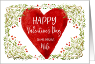 Watercolor Greens and Red Hearts Happy Valentine’s Day for Wife card