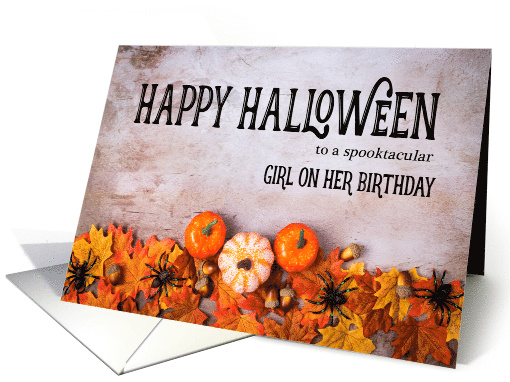 Pumpkins, Spiders and Leaves Happy Halloween Birthday For Her card