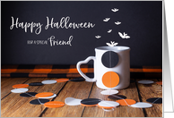 Happy Halloween Confetti, Bats and Mug for Friend card