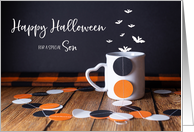 Happy Halloween Confetti, Bats and Mug for Son card