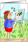 Blank Note Card - Woman Painting Garden and Bees Humor card