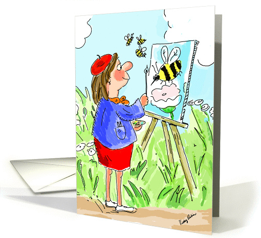 Blank Note Card - Woman Painting Garden and Bees Humor card (973855)