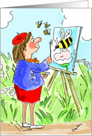 Blank Note Card - Woman Painting Garden and Bees Humor card