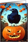 Crow On Pumpkin Halloween card