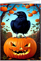 Crow On Pumpkin Halloween card