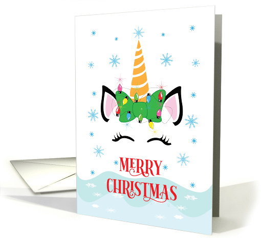 Unicorn with Golden Horn and Christmas Lights Merry Christmas card