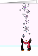 Penguin with Red Scarf Catching Snowflakes Christmas Card