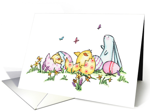 Whimsical Easter Chicks, Eggs, and Bunny card (1605440)