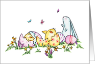 Whimsical Easter Chicks, Eggs, and Bunny card