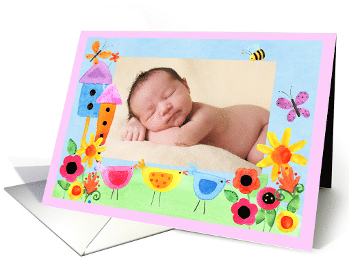Whimsical Pastel Flower Garden Birth Announcement, Photo Insert card