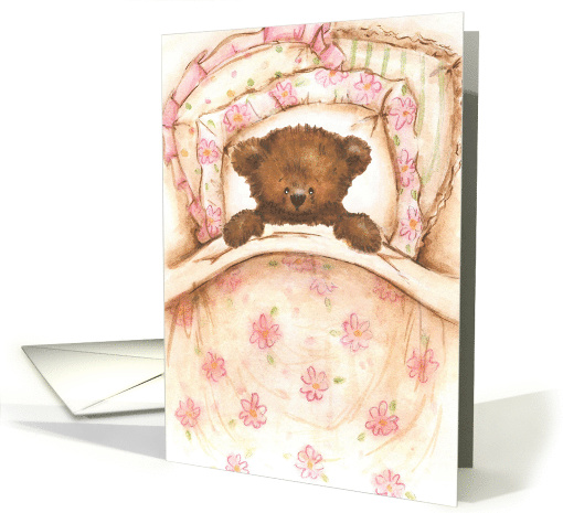 Get Well Teddy Bear Girl in Pink Floral Bed card (1669912)