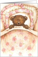 Get Well Teddy Bear Girl in Pink Floral Bed card