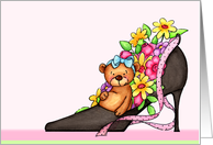 Sweet Teddy Bear With Flowers In A High Heel Black Shoe card