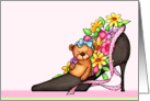 Sweet Teddy Bear With Flowers In A High Heel Black Shoe card