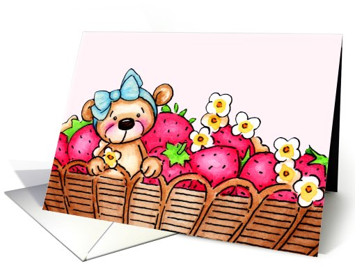 Sweet Teddy Bear In A Basket Of Strawberries card (780003)