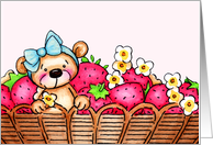 Sweet Teddy Bear In A Basket Of Strawberries card