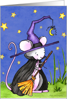Tiny Mouse Witch Halloween Starry Night Sky card