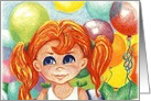 Rainbow Balloons Party Invitation Big Eyed Girl in Ponytails card