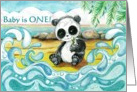 Baby Panda Bear Sitting on Tropical Beach First Birthday Invitation card