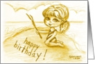 Little Big Eyed Girl Wishes Happy Birthday by Writing in the Sand card