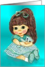 Little Girl Gingham Dress Sitting Holding Blue Teddy Bear card
