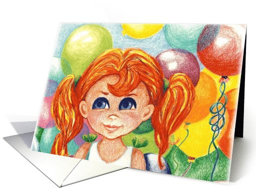Rainbow Balloons Party Invitation Big Eyed Girl in Ponytails card