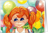 Rainbow Balloons Party Invitation Big Eyed Girl in Ponytails card