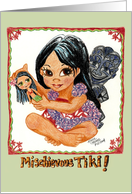 Mischievous Tiki Hiding Behind Girl with Doll card