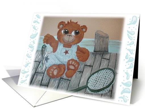 Fishing Teddy Bear Cub Fisherman on Dock Catching a Fish card (107107)