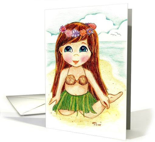 Brown Hair Brownette Wahini Girl Luau at the Ocean Beach card (111578)