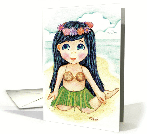 Dark Hair Wahini Hula Girl at the Ocean Beach card (97175)