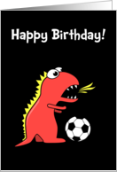 Funny Cartoon Dinosaur Soccer Black Birthday card