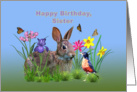 Birthday, Sister, Bunny Rabbit, Robin, and Flowers card