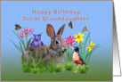 Birthday, Great Granddaughter, Bunny Rabbit, Robin, and Flowers card