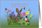 Birthday, From All of Us, Bunny Rabbit, Robin, and Flowers card