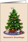 Season’s Greetings, Merry Christmas Tree, Dog, Cat, Birds card