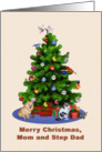 Mom and Step Dad, Merry Christmas Tree, Dog, Cat, Birds card