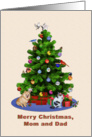 Mom and Dad, Merry Christmas Tree, Dog, Cat, Birds card