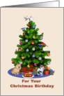Birthday on Christmas, Merry Christmas Tree, Dog, Cat, Birds card