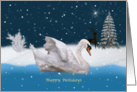 Christmas, Happy Holidays, Snowy Night with A Swan on a Lake card