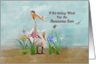 Birthday, Son, White Pelican and Flowers card