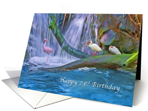 Birthday, 73rd, Tropical Waterfall, Flamingos and Ibises card