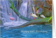 Birthday, 66th, Tropical Waterfall, Flamingos and Ibises card