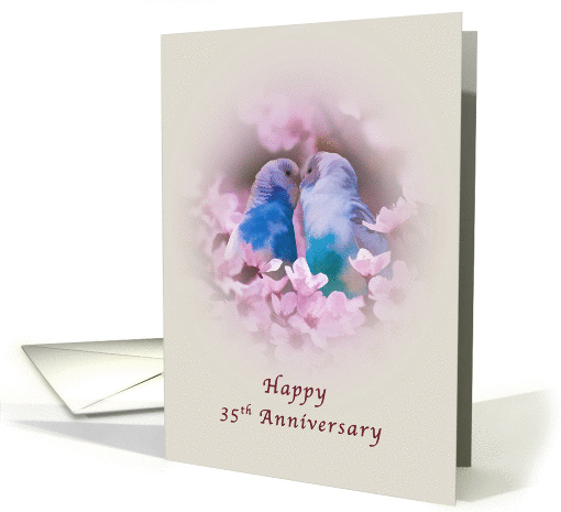 Anniversary, 35th, Loving Parakeets and Pink Flowers card (1142728)