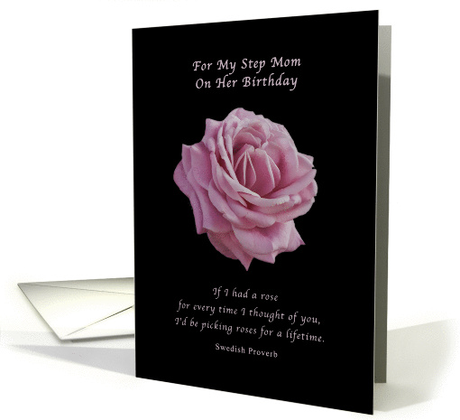 Birthday, Step Mom, Pink Rose on Black card (1152078)