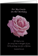 Birthday, Cousin, Pink Rose on Black card