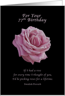 Birthday, 77th, Pink Rose on Black card