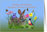 Birthday, Sunday School Teacher, Bunny Rabbit, Robin, and Flowers card