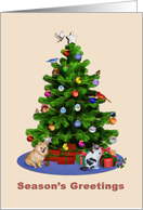 Season’s Greetings, Merry Christmas Tree, Dog, Cat, Birds card